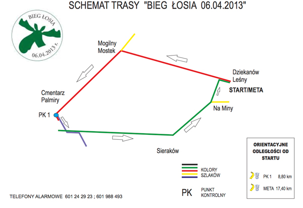 Schemat trasy Biegu Łosia prowadzącej szlakami Puszczy Kampinoskiej 