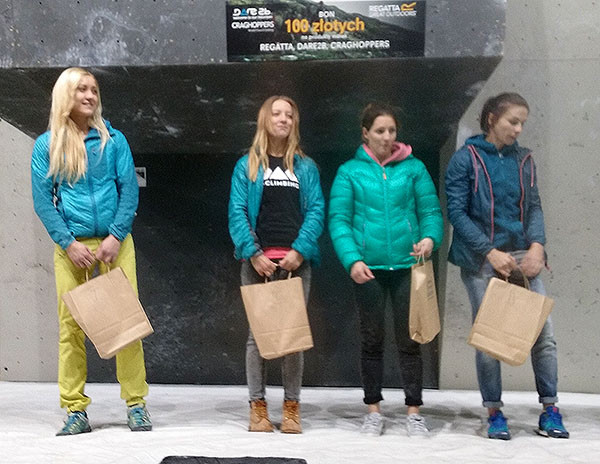 Zako Boulder Power 2015 – podium pań, od lewej: Sylwia Buczek, Daria Bryłowa, Olga Niemiec i Paulina Kalandyk (fot. Ilona Łęcka)