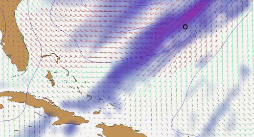 Czarnym kółeczkiem na mapie pogodowej z 23 stycznia 2014 jest zaznaczona pozycja Olka w czasie największego natężenia zbliżającego się sztormu. Dzisiaj sztrom ten paraliżuje wschodnie wybrzeże USA zsyłając minusowe temperatury nawet na Florydę.