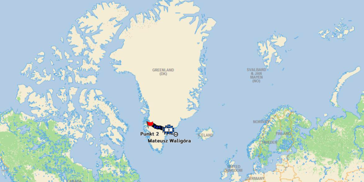 trasa Supergana i Waligóry podczas trawersu Grenlandii (źródło: Polish Greenland Expedition / share.garmin.com)