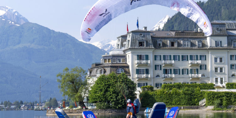 Simon Oberrauner (AUT1) celebrates in the finish of the Red Bull X-Alps in Zell am See, Schmittenhöhe, Austria on June 18, 2023.